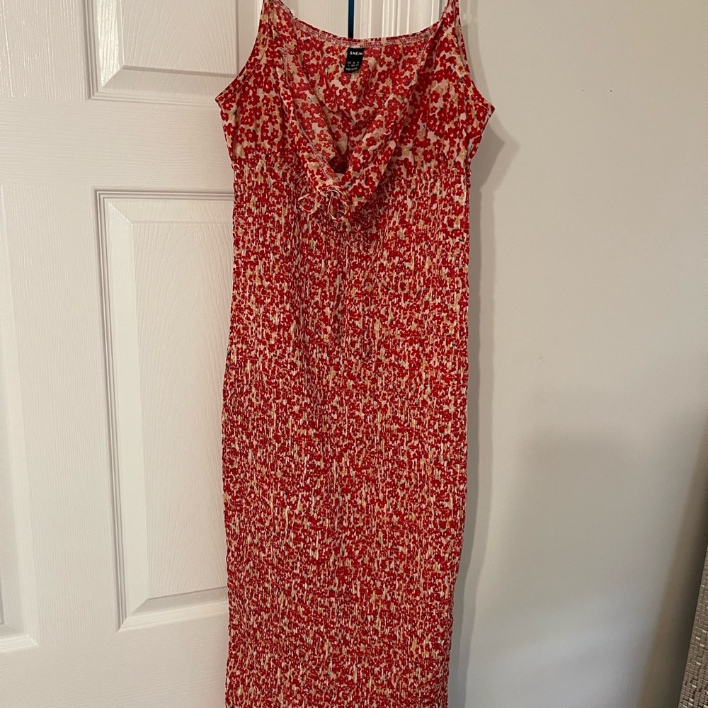 SHEIN Red and White Spaghetti Strap Slip Midi Dress